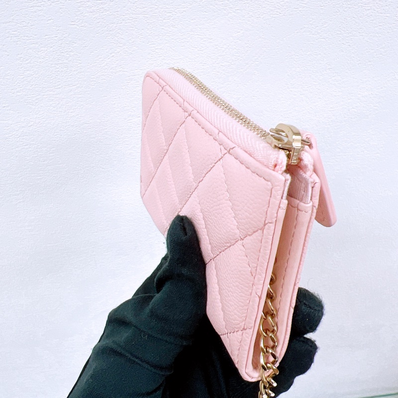Chanel 淺粉紅牛皮金扣 拉鏈短夾/銀包-5