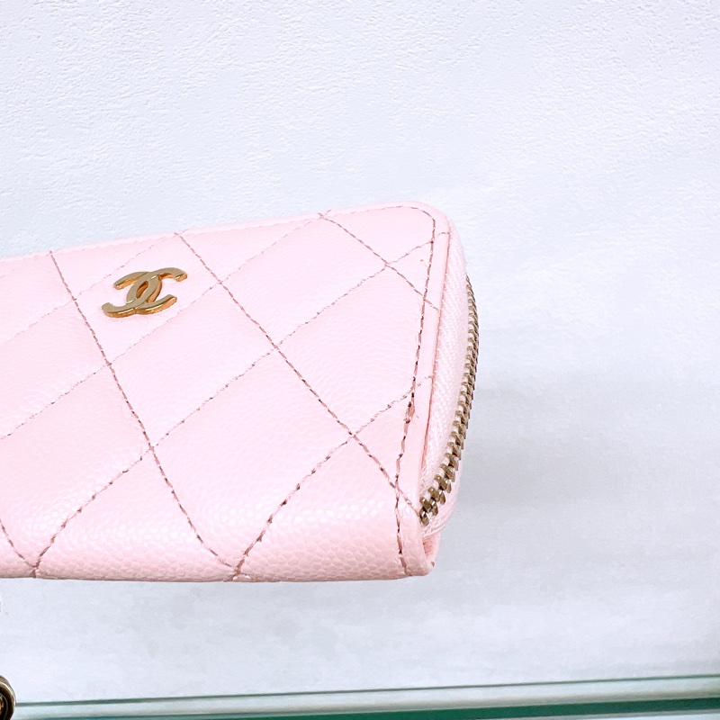 Chanel 淺粉紅牛皮金扣 拉鏈短夾/銀包-6