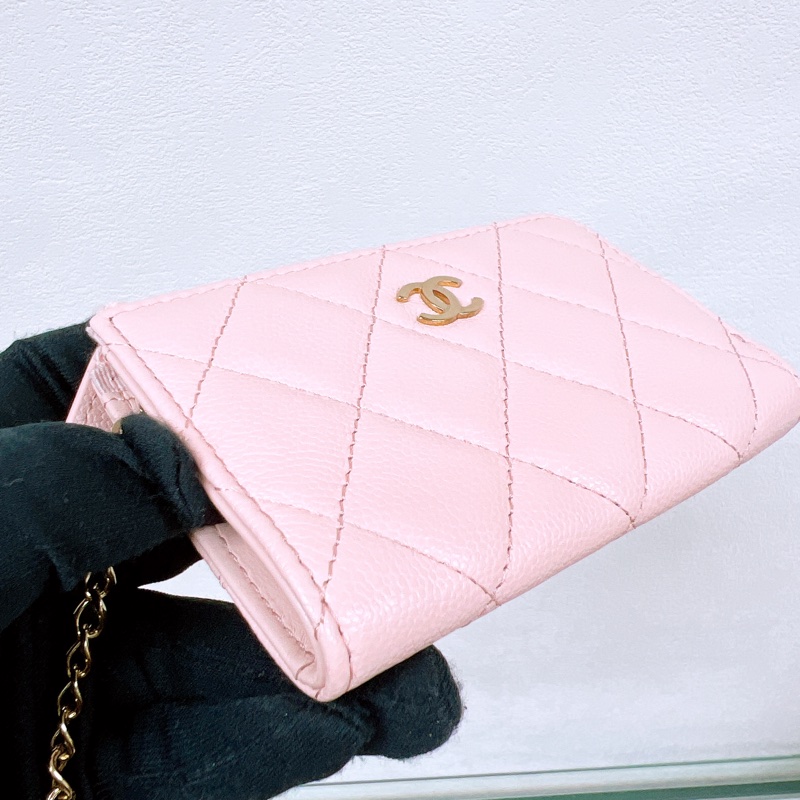 Chanel 淺粉紅牛皮金扣 拉鏈短夾/銀包-7