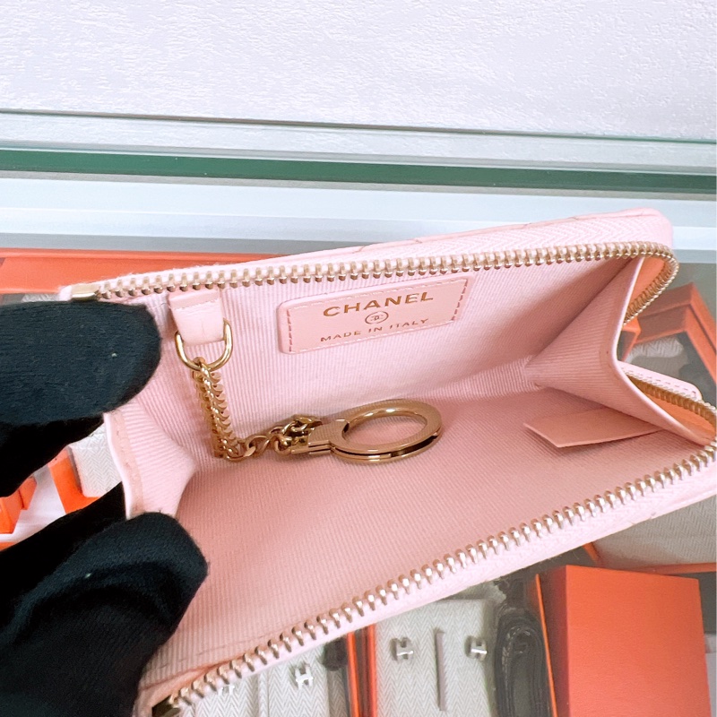 Chanel 淺粉紅牛皮金扣 拉鏈短夾/銀包-10