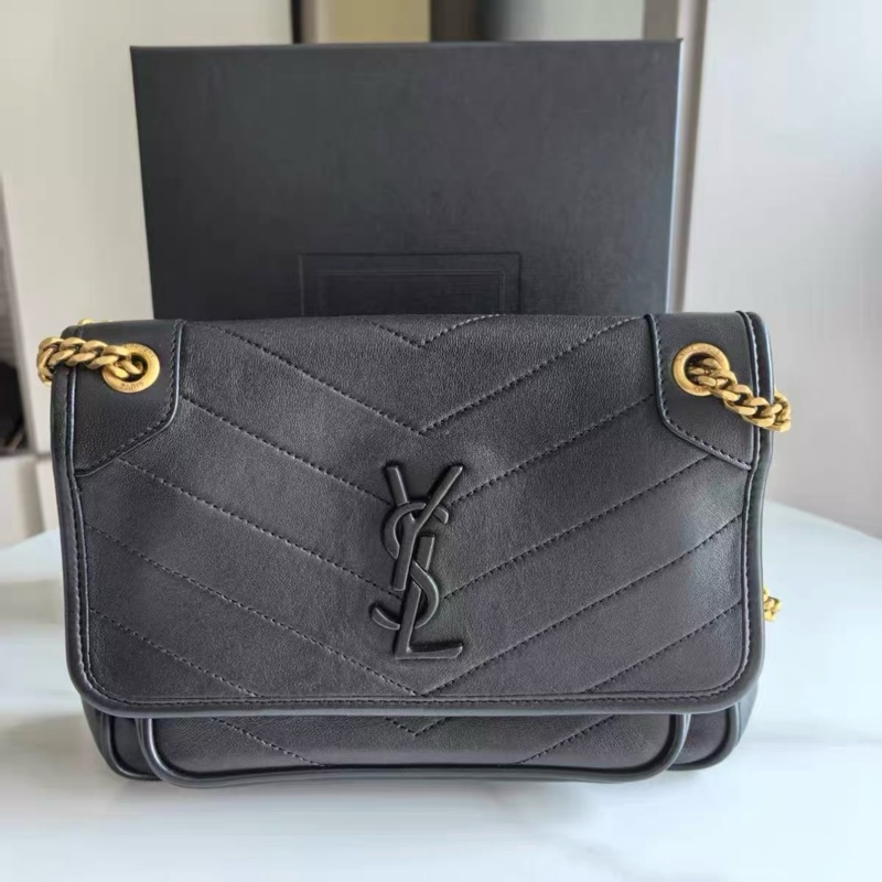 YSL聖羅蘭 Niki小號 黑金全皮V紋單肩斜挎包-0