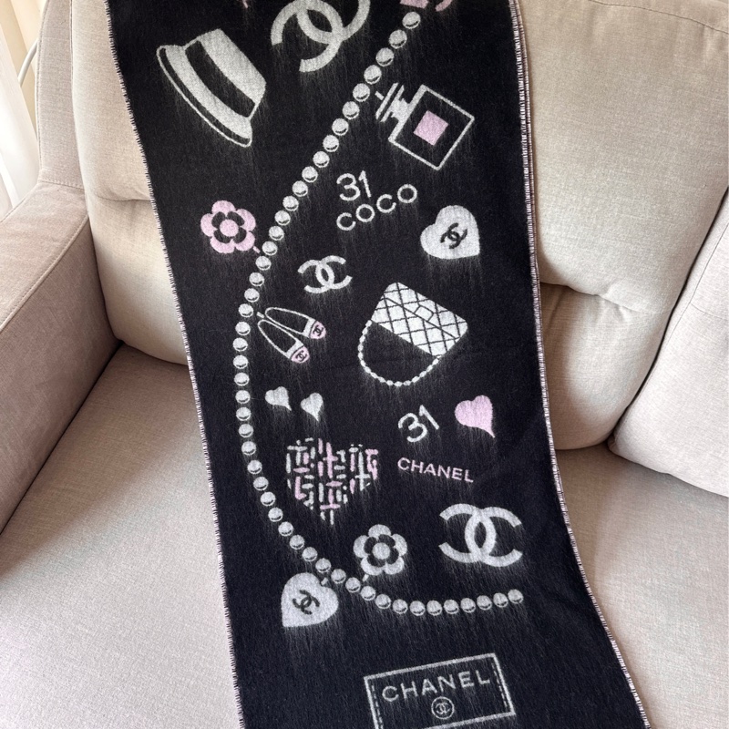Chanel 經典元素雙面圍巾 黑+粉-0