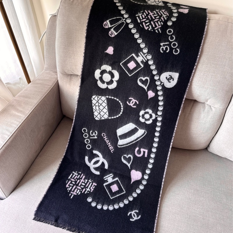 Chanel 經典元素雙面圍巾 黑+粉-1