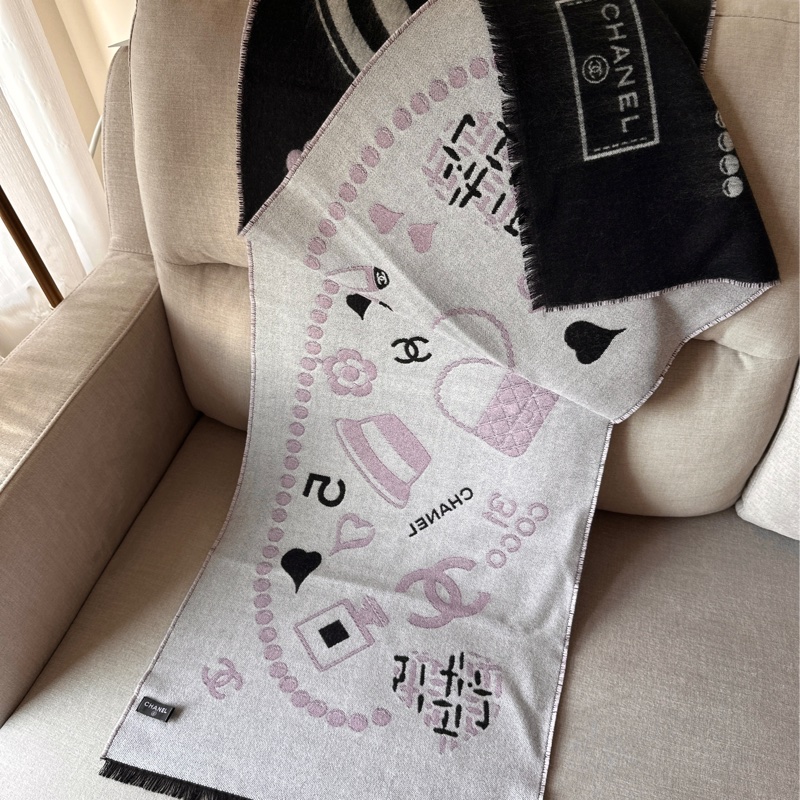 Chanel 經典元素雙面圍巾 黑+粉-3