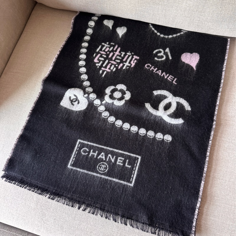 Chanel 經典元素雙面圍巾 黑+粉-5