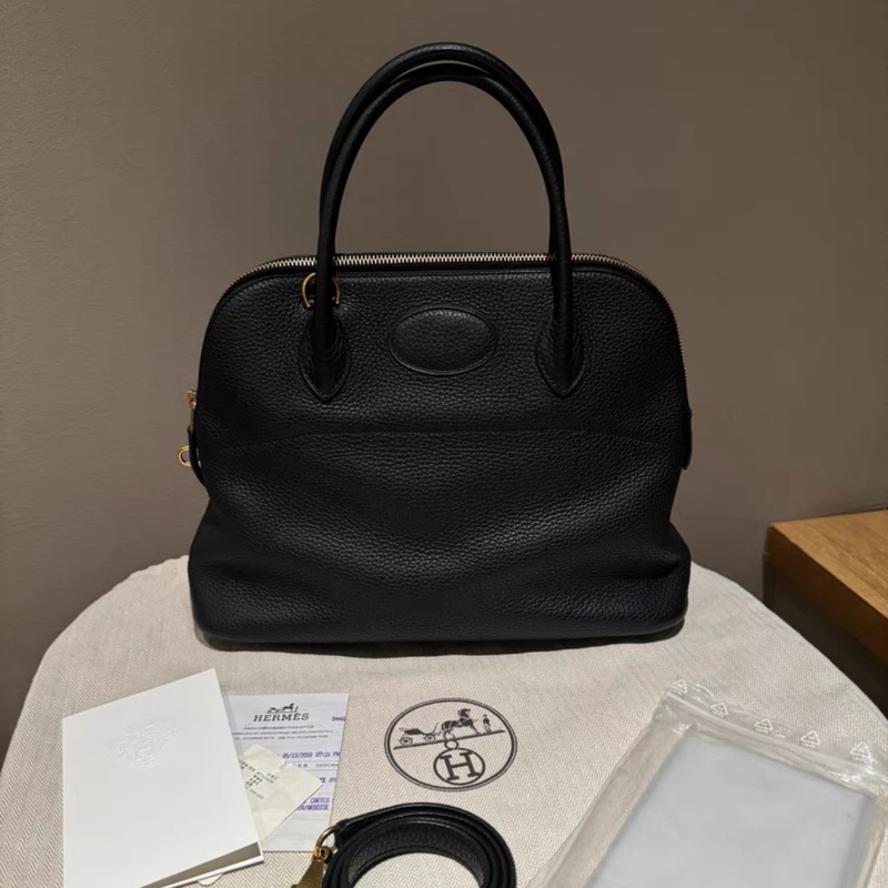 有購証💓 Hermes愛馬仕 bolide31保齡球包 黑金 C刻 TC皮  98新，2018年購入-0