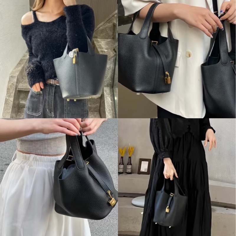 極新HERMES黑色金釦18cm Picotin89黑Noir小水桶包-20