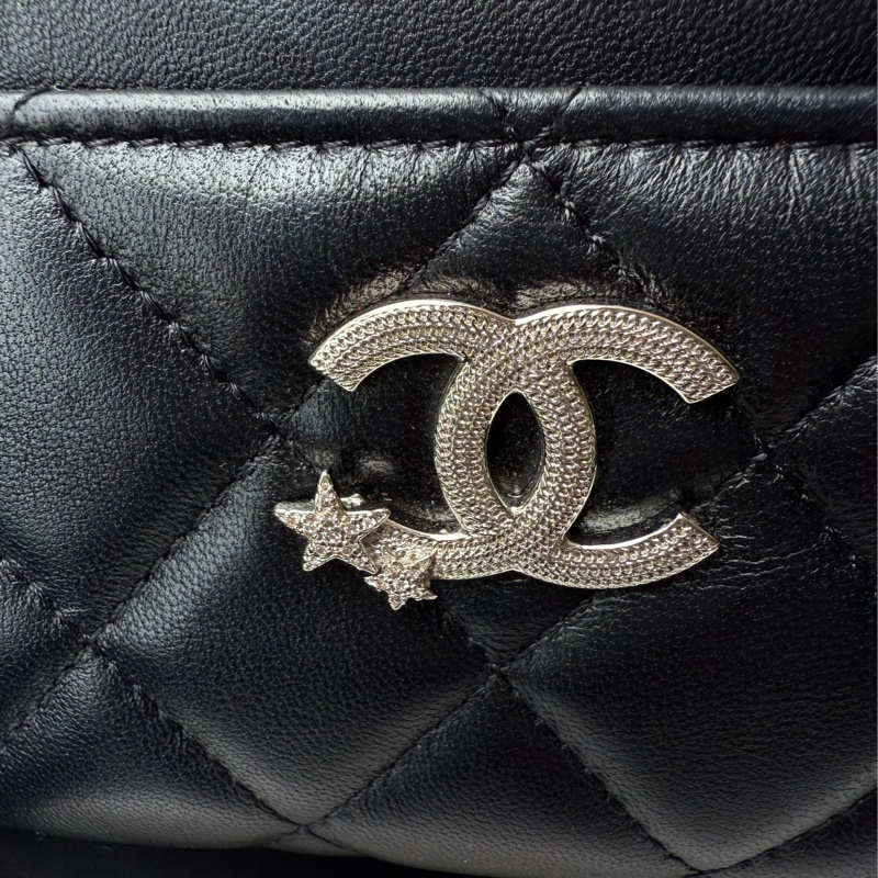 二手CHANEL黑色羊皮銀星星水鑽C logoL型卡夾零錢包AP3732-1