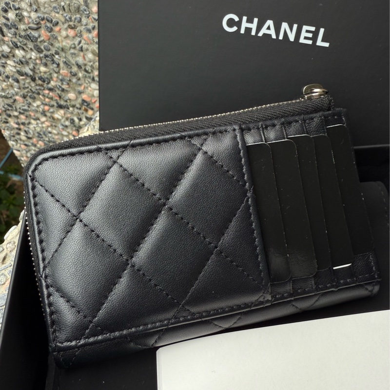 二手CHANEL黑色羊皮銀星星水鑽C logoL型卡夾零錢包AP3732-2
