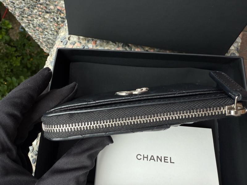 二手CHANEL黑色羊皮銀星星水鑽C logoL型卡夾零錢包AP3732-3