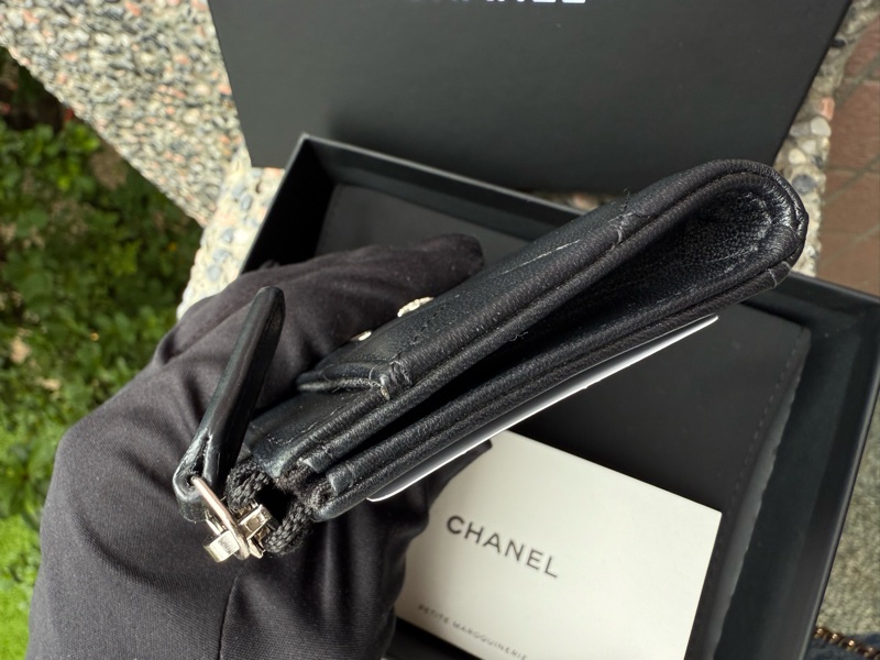 二手CHANEL黑色羊皮銀星星水鑽C logoL型卡夾零錢包AP3732-4
