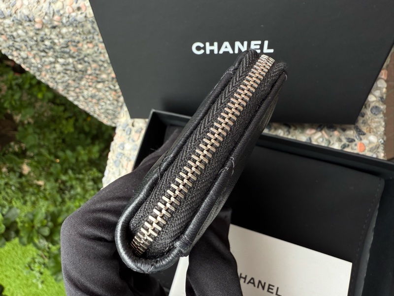 二手CHANEL黑色羊皮銀星星水鑽C logoL型卡夾零錢包AP3732-6