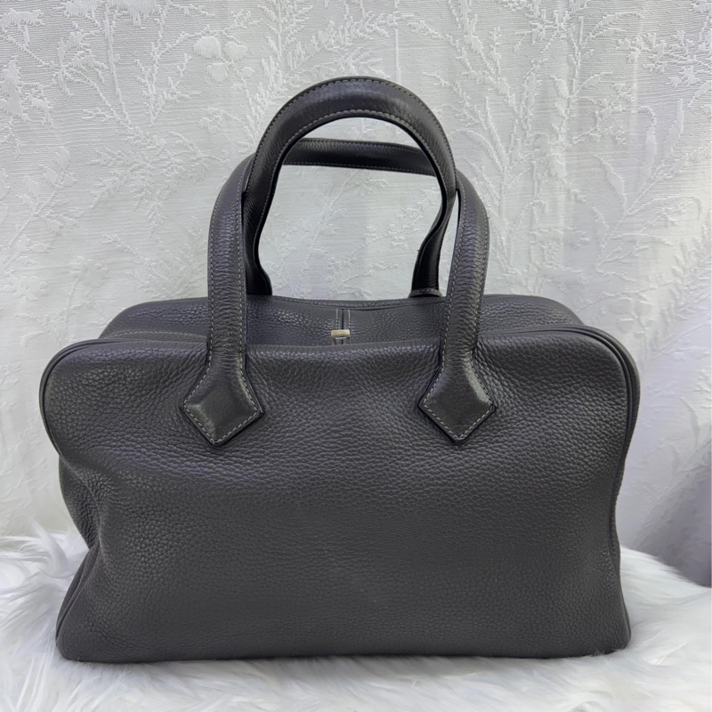 HERMES Clemence皮革Victoria 35銀扣灰色-4