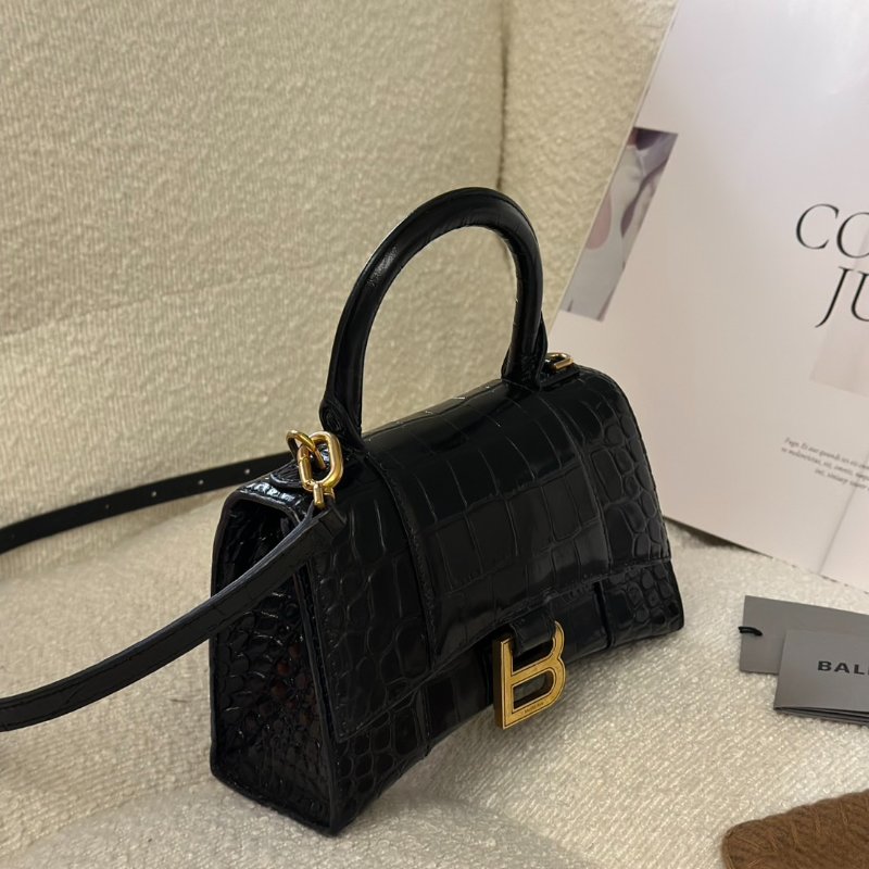 Balenciaga 閃亮小牛皮鱷魚壓紋沙漏包 - XS黑金-2