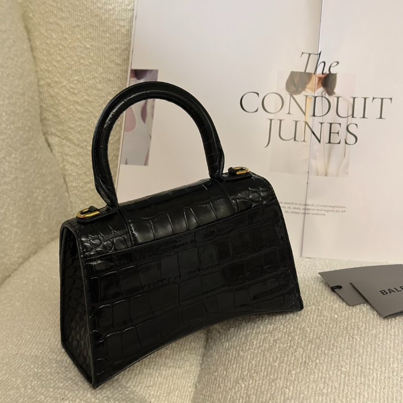 Balenciaga 閃亮小牛皮鱷魚壓紋沙漏包 - XS黑金-6