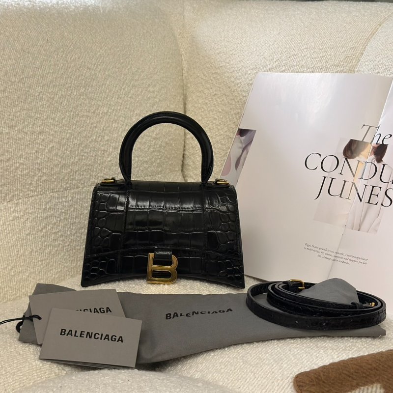 Balenciaga 閃亮小牛皮鱷魚壓紋沙漏包 - XS黑金-7