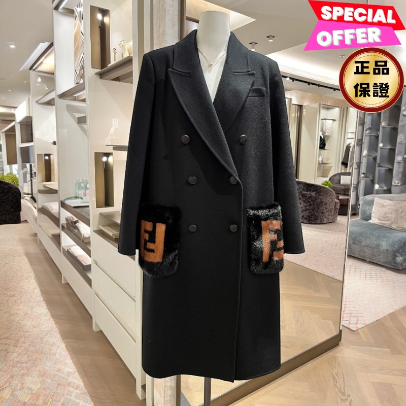 🎉新品好折扣✨Fendi 女款 FF8948 貂毛皮草口袋配刷毛羊毛大衣 EU40S-M/42M-L(兩款尺寸可選)-0