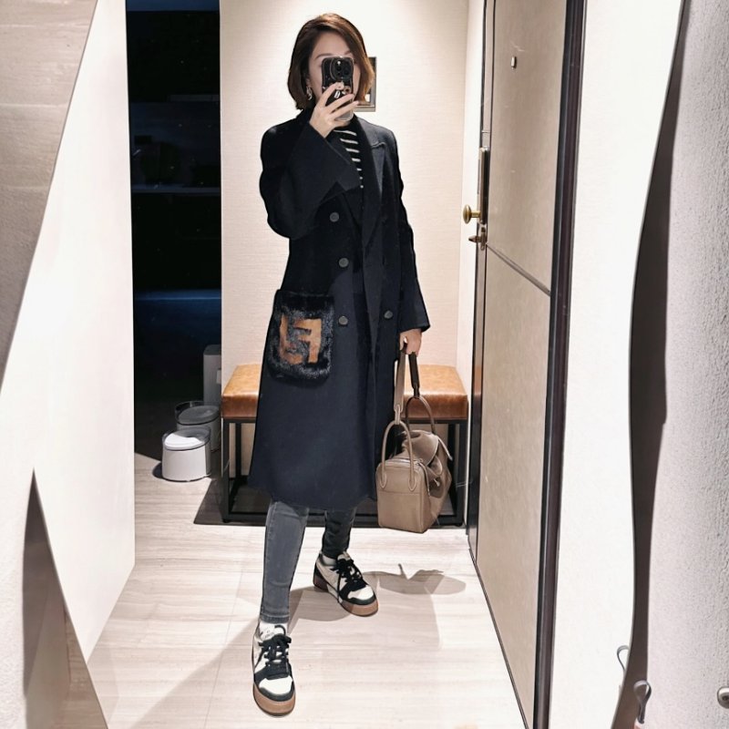 🎉新品好折扣✨Fendi 女款 FF8948 貂毛皮草口袋配刷毛羊毛大衣 EU40S-M/42M-L(兩款尺寸可選)-1