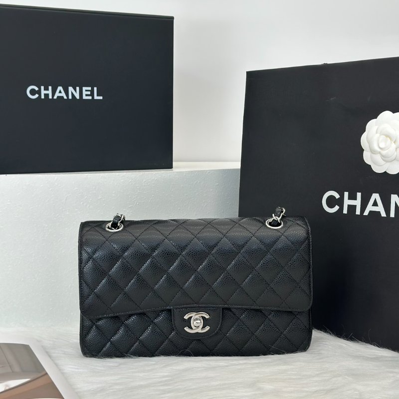 CHANEL 經典口蓋包 CF25 - 粒面牛皮黑銀-0