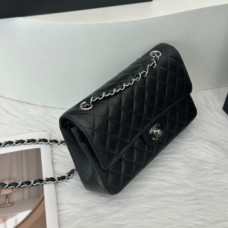 CHANEL 經典口蓋包 CF25 - 粒面牛皮黑銀-2