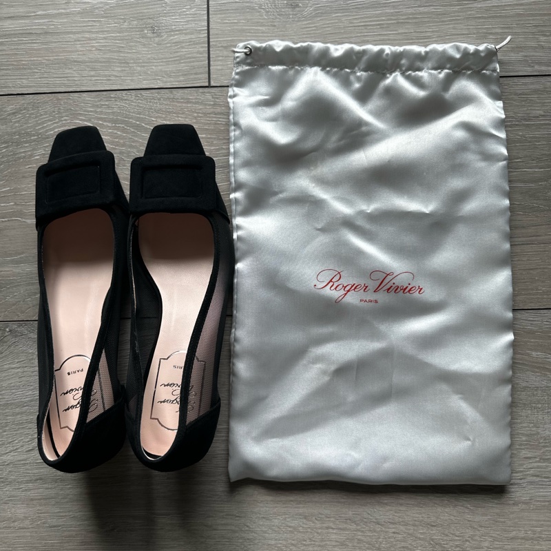 ROGER VIVIER 九成新 黑色鏤空網紗絨面優雅高跟鞋(37.5)-14