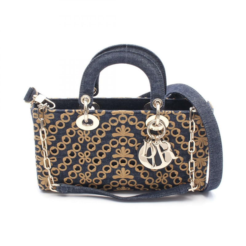 Christian Dior Lady D-Joy 中單肩包 牛仔布 海軍藍 棕色 二手 女款-0