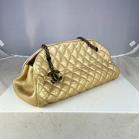 【CH0621】CHANEL金色牛皮菱格紋復古金鏈帶仕女兩用包(小)-1