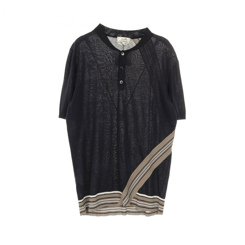 愛馬仕針織衫短袖上衣，棉質，海軍藍/米色，二手男款，#L-0