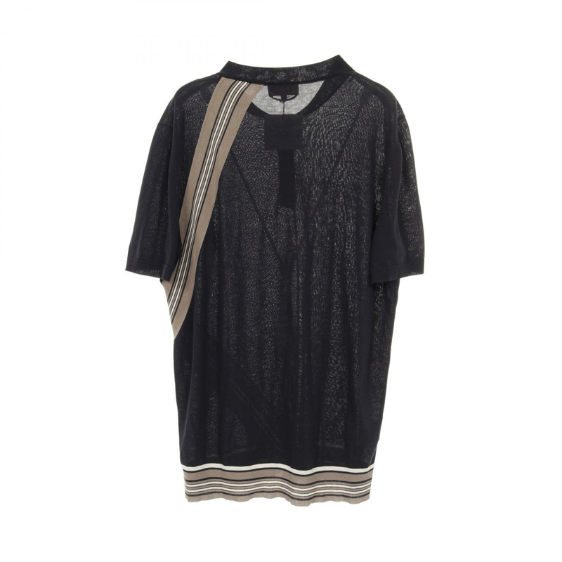 愛馬仕針織衫短袖上衣，棉質，海軍藍/米色，二手男款，#L-1