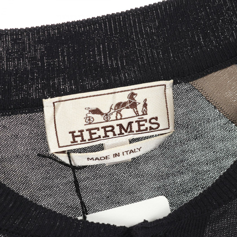 愛馬仕針織衫短袖上衣，棉質，海軍藍/米色，二手男款，#L-2