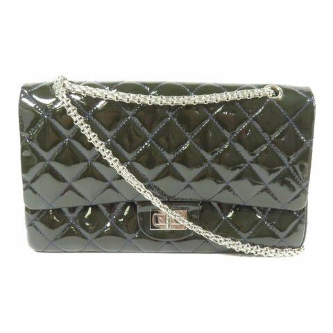 CHANEL 漆皮皮革2.55 Jumbo銀扣鏈帶肩背袋