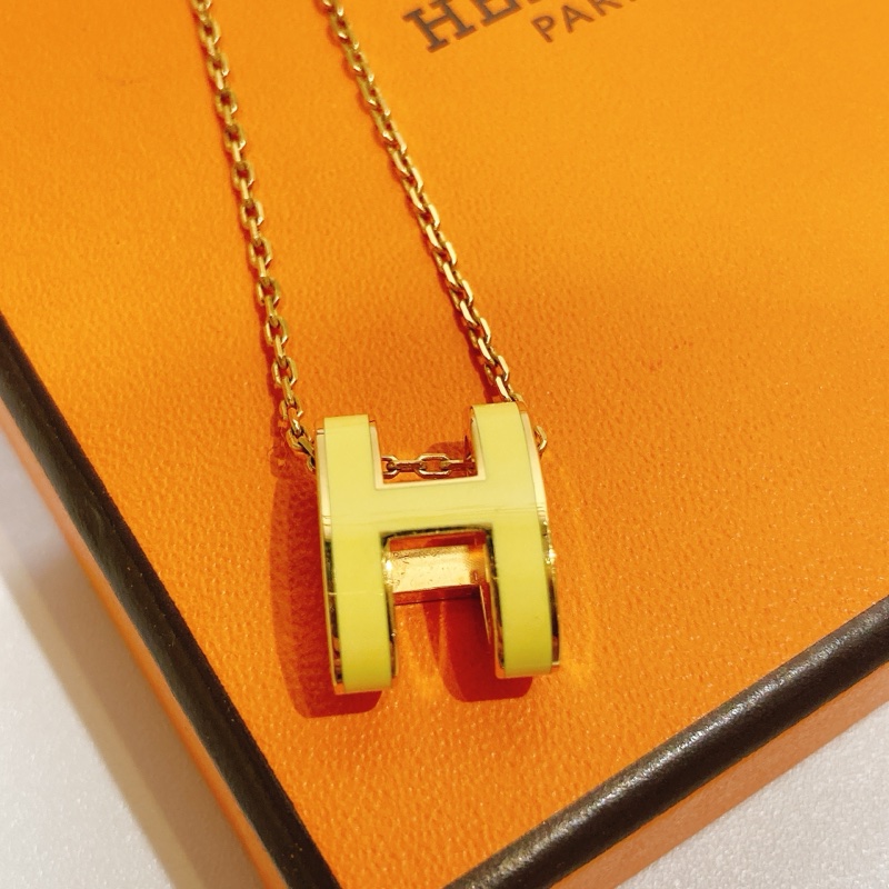 TW4457 Hermes 愛馬仕 大H Logo 項鍊 檸檬黃金扣Pop H Necklace-4