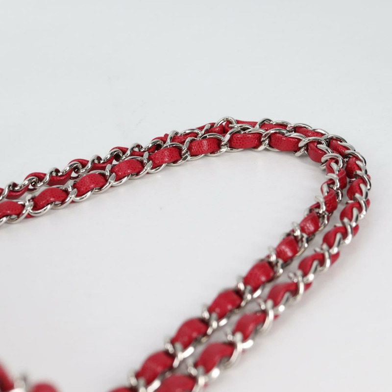 【日本直送】香奈兒 (CHANEL) 菱格紋鏈條肩背包，魚子醬紋皮革，紅色，銀色雙C標誌，貨號 138977M-13