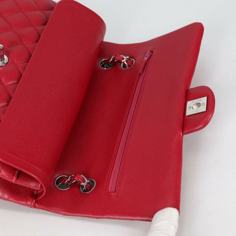 【日本直送】香奈兒 (CHANEL) 菱格紋鏈條肩背包，魚子醬紋皮革，紅色，銀色雙C標誌，貨號 138977M-19