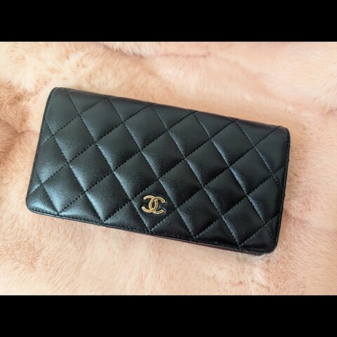 古董精品 CHANEL 香奈兒 經典菱格紋 黑金羊皮 對開長夾 錢包皮夾