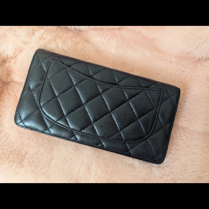 古董精品 CHANEL 香奈兒 經典菱格紋 黑金羊皮 對開長夾 錢包皮夾-1