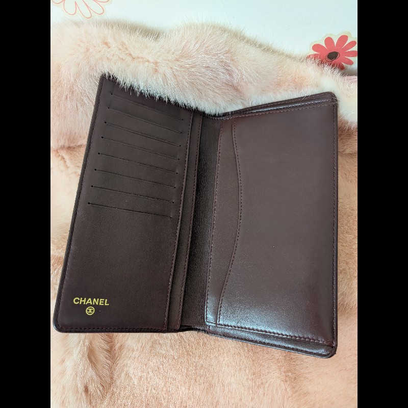 古董精品 CHANEL 香奈兒 經典菱格紋 黑金羊皮 對開長夾 錢包皮夾-2