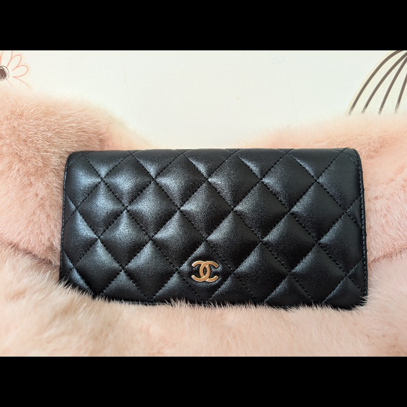 古董精品 CHANEL 香奈兒 經典菱格紋 黑金羊皮 對開長夾 錢包皮夾-3