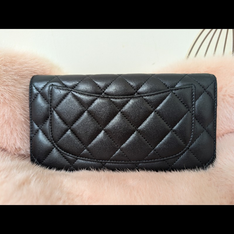 古董精品 CHANEL 香奈兒 經典菱格紋 黑金羊皮 對開長夾 錢包皮夾-4