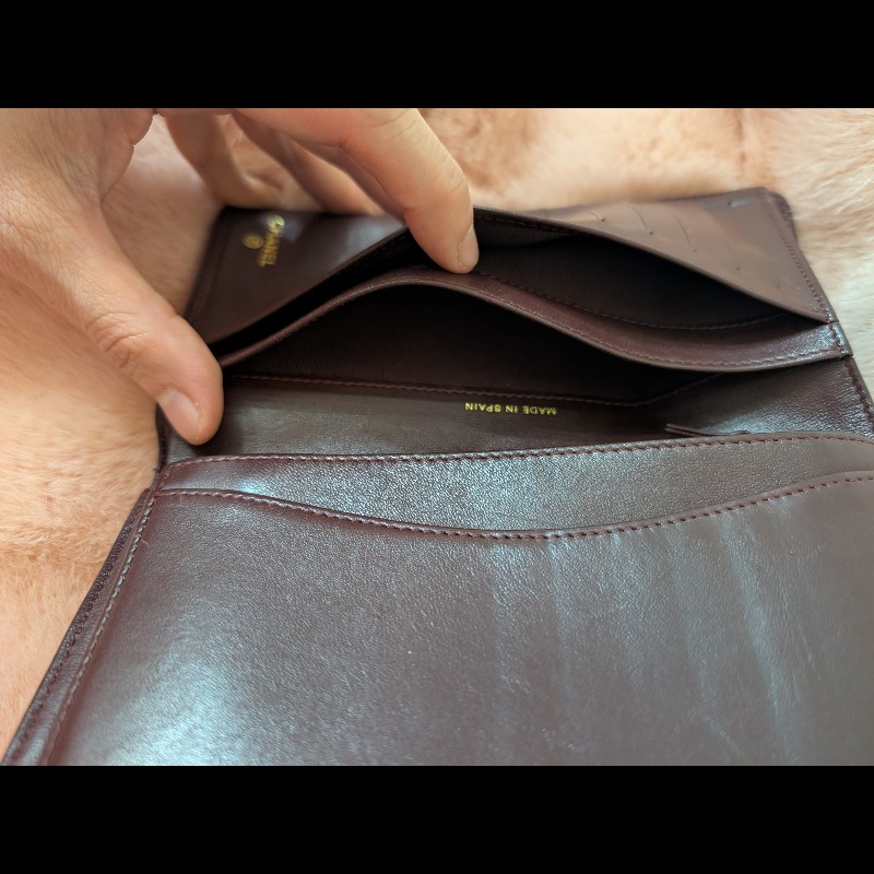 古董精品 CHANEL 香奈兒 經典菱格紋 黑金羊皮 對開長夾 錢包皮夾-5