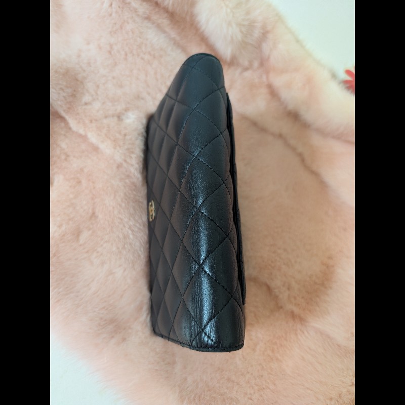 古董精品 CHANEL 香奈兒 經典菱格紋 黑金羊皮 對開長夾 錢包皮夾-6