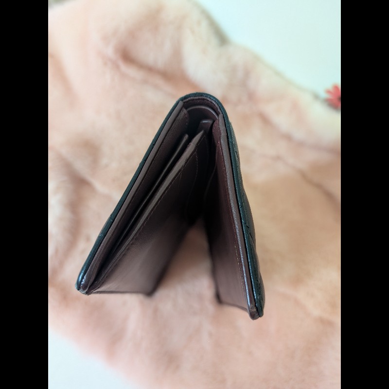 古董精品 CHANEL 香奈兒 經典菱格紋 黑金羊皮 對開長夾 錢包皮夾-8