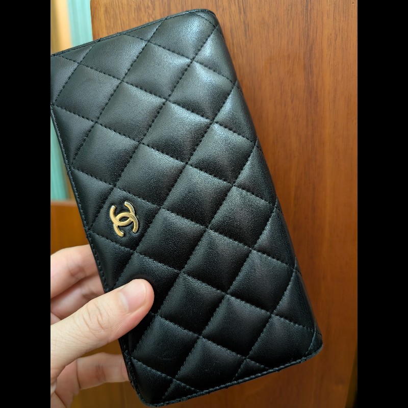古董精品 CHANEL 香奈兒 經典菱格紋 黑金羊皮 對開長夾 錢包皮夾-8