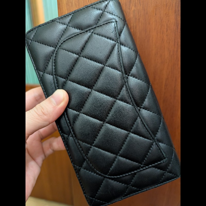 古董精品 CHANEL 香奈兒 經典菱格紋 黑金羊皮 對開長夾 錢包皮夾-9