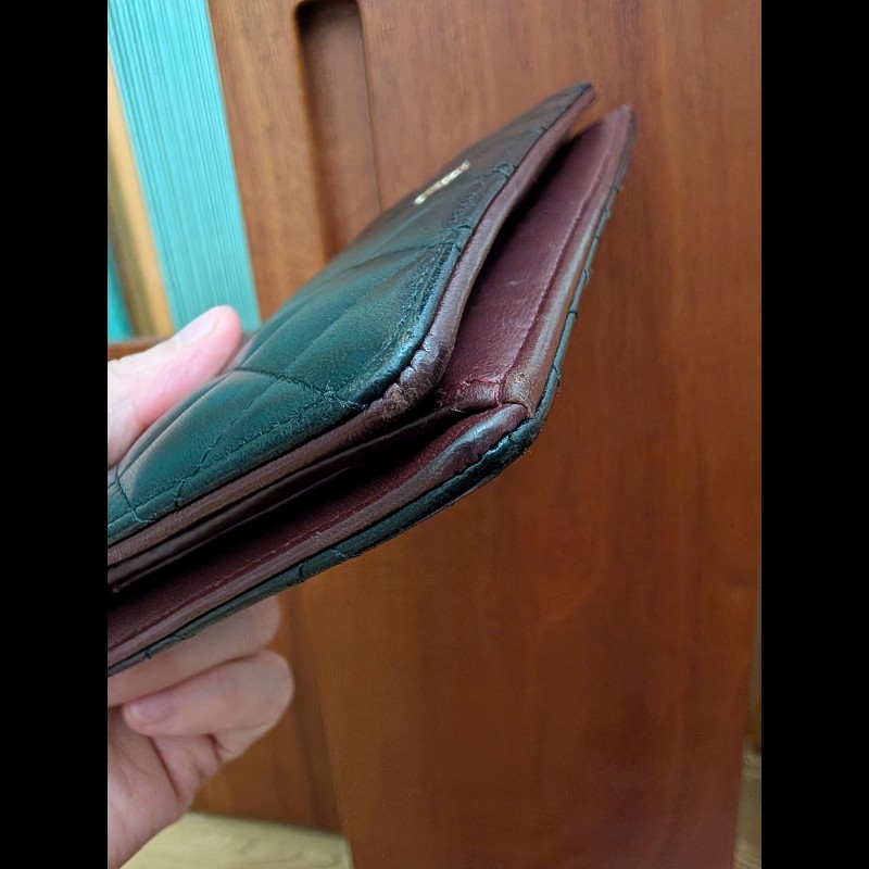 古董精品 CHANEL 香奈兒 經典菱格紋 黑金羊皮 對開長夾 錢包皮夾-10