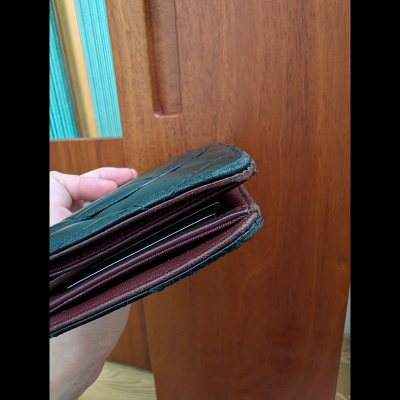 古董精品 CHANEL 香奈兒 經典菱格紋 黑金羊皮 對開長夾 錢包皮夾-11