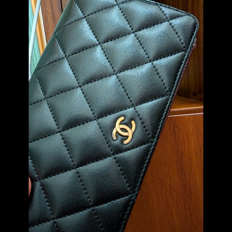 古董精品 CHANEL 香奈兒 經典菱格紋 黑金羊皮 對開長夾 錢包皮夾-16