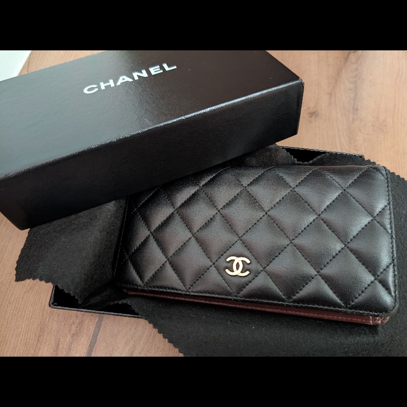 古董精品 CHANEL 香奈兒 經典菱格紋 黑金羊皮 對開長夾 錢包皮夾-17