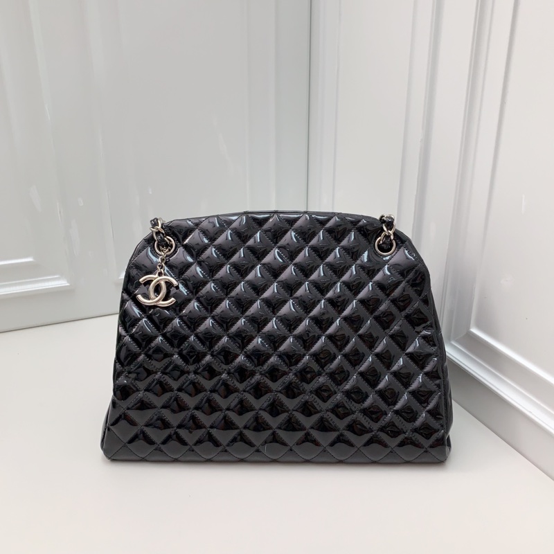 98新CHANEL香奈兒漆皮菱格15開保齡球黑銀鏈條包-1