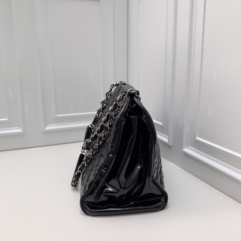 98新CHANEL香奈兒漆皮菱格15開保齡球黑銀鏈條包-3